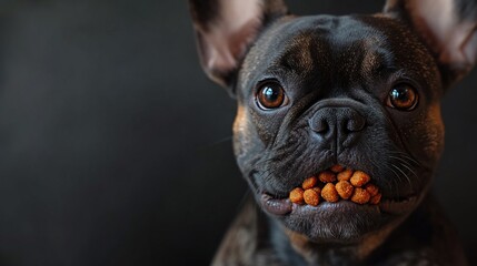 Wall Mural - Close-up portrait of a French Bulldog with a mouthful of dog treats.