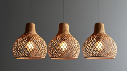 Wall Mural - Set of three boho-style hanging lamps crafted from natural rattan and wood, isolated on a transparent background.