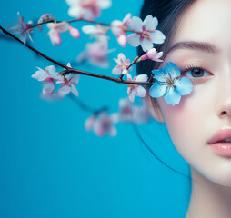 Beautiful young asian woman with flowers and petals on her face. Beauty parlor vertical banner concept, copyspace Blue background. 