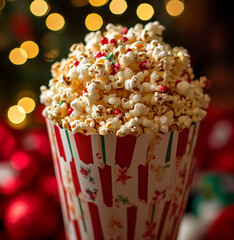 christmas Popcorn, blurred christmas background, lights