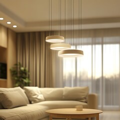 A modern living room with a beige sofa, a wooden coffee table, and three circular pendant lights hanging from the ceiling.