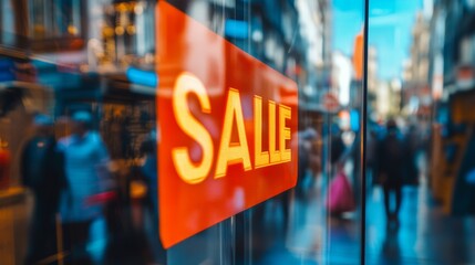 Flashy sale sign stuck on the glass, background shows busy street life with people passing by