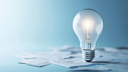 a lightbulb sitting on scattered plans, showcasing creation, invention, and the study of patent fail