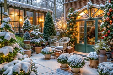 Wall Mural - Charming winter garden adorned with christmas lights and decorations