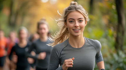 Young woman jogging with group in autumn park, fitness and wellness concept