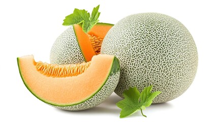 A fresh and juicy cantaloupe melon isolated on a white background, showcasing its round shape and textured outer rind. 