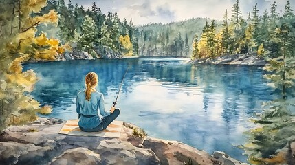 Wall Mural - Woman Fishing by a Tranquil Lake.