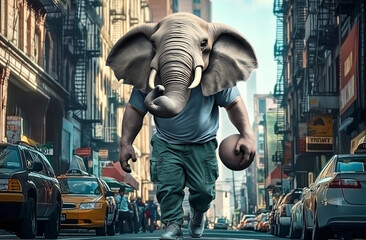 A poster picture depicting an elephant with human body.