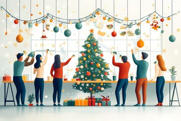  Un grupo de seis personas decora un árbol de Navidad en un ambiente interior festivo, colocando adornos y regalos alrededor, con luces y decoraciones colgando del techo.