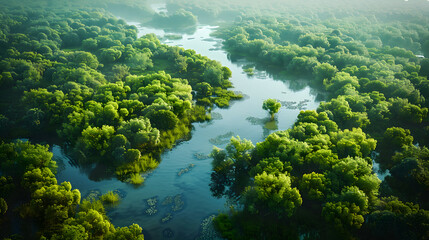 Aerial drone landscape view of a river delta with lush green vegetation and winding waterways