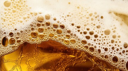 Wall Mural - A close-up image showcasing a refreshing glass of beer filled with bubbles, highlighting the frothy beer foam texture on the surface. 