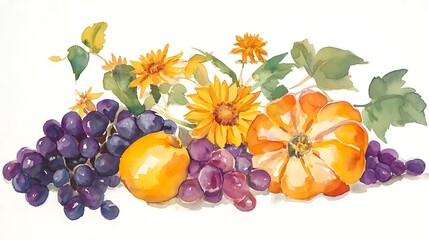 Wall Mural - Watercolor Painting of Grapes, Pumpkins, and Sunflowers.