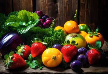 vibrant fruits vegetables arranged striking display showcasing their colorful fresh characteristics, arrangement, colors, freshness, produce, organic