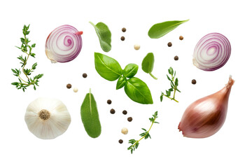 Flying fragrant spices with garlic, onion, rosemary, basil, and other in the air isolated on background,  rich flavors and aromatic for cooking.