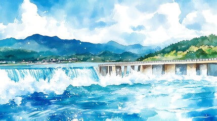 Wall Mural - Watercolor Painting of Waves Crashing Against a Bridge and Mountains.