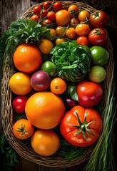 Wall Mural - vibrant fresh produce displayed textured surfaces featuring colorful fruits vegetables artistic arrangement, aesthetic, background, basket, composition, decor