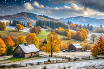 Wall Mural - Forest and farmhouse in autumn with snow-covered ground and blue sky