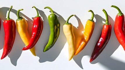 Wall Mural - Vibrant peppers in mid-fall with natural shadows against a white background