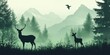 © Thachakrit - Deer silhouette with a female and fawn on grassland, forest and mountains in the background, green tones.