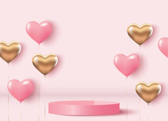 Pink podium background with voluminous pink and gold hearts. Festive background for product demonstration