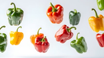 Wall Mural - Vibrant peppers plummeting with natural lighting on a white backdrop