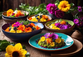 Wall Mural - vibrant vegan dishes artistically arranged colorful plates showcasing fresh ingredients eye catching presentation, appetizer, beautiful, bright, creative