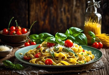 vibrant pasta dishes featuring colorful sauces perfect culinary presentation, rich, food, meal, ingredients, vegetables, herbs, seasoning, spices, olive