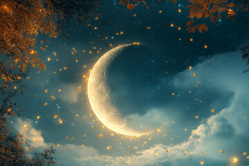 Wall Mural - A crescent moon is lit up in the night sky with a few leaves falling from the tr