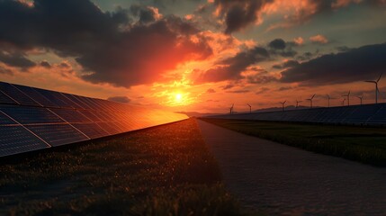 Wall Mural - 8. A dramatic sunset reflecting off a solar farm, casting a warm glow over the panels and the surrounding landscape