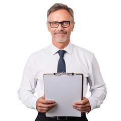 Wall Mural - Portrait Of Mature Businessman In Formal Attire Holding A Clipboard And Smiling