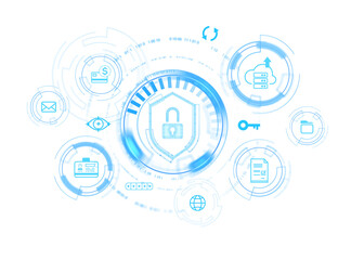 Digital security icons and a lock symbol, futuristic graphic style. Isolated on white background. Concept of cybersecurity