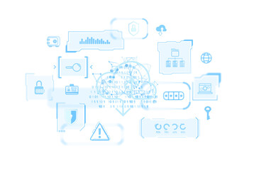 Cloud computing and cybersecurity icons with data flow in a digital graphic style. Isolated on white background. Concept of data protection and digital security