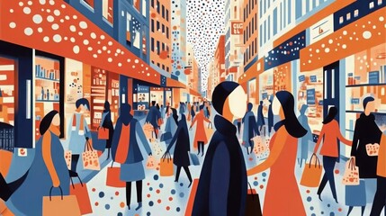 Abstract artwork depicting a bustling city street filled with shoppers carrying bags, set in a colorful and geometric style.