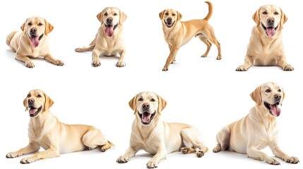 Canvas Print - Animals pets dog banner panorama long - Collection of funny cute crazy laughing lying, jumping, standing, sitting beige yellow labrador retrievers dogs, isolated on white background  