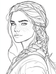 Wall Mural - A simple line drawing of an adult female with long hair in braids, wearing fantasy and freckles on her face