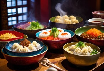 colorful bowls overflowing steaming dumplings noodles displaying feast culinary delights, food, cuisine, dish, vibrant, meal, gourmet, plate, asian, lunch