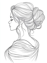 Wall Mural -  Coloring page for adults, woman with an updo hairstyle, clean line art, white background