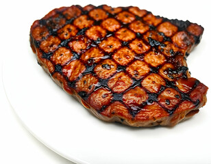 A grilled steak with grill marks, served on a plate white background