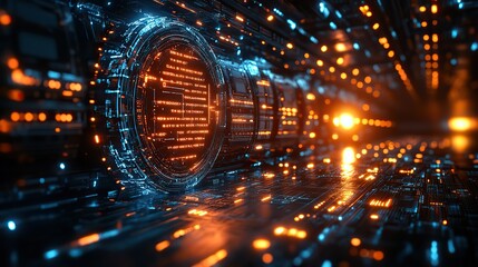 A complex technology background featuring a network of circuits, 3D elements, and server code for a futuristic tech landscape.