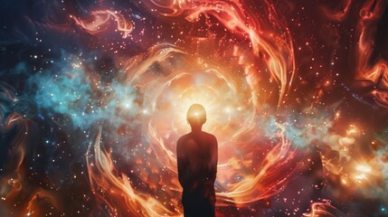 a silhouette of a person standing in a swirling nebula, with a bright light emanating from their hea