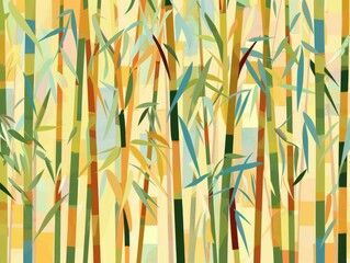 Abstract illustration of a bamboo forest with colorful and vibrant colors.