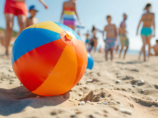 A colorful beach ball rests on sandy beach, with blurred figures of people enjoying a sunny day in the background. The scene captures a lively summer atmosphere with bright colors and a sense of fun.