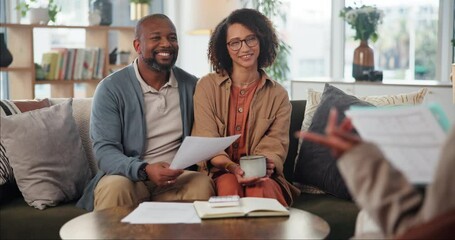 Poster - Couple, paper and meeting in home for budget, finance planning or investment opportunity on sofa. People, advisor and talking in living room with documents, insurance comparison or contract review