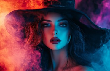 A stunning woman in a black and red witch costume stands in a smoky dark room