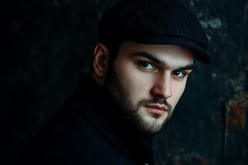 Wall Mural - Portrait of handsome young man in dark room.