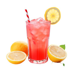 Refreshing Pink Lemonade With Ice And Fresh Lemons On White Background