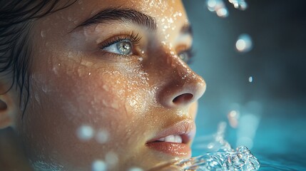 Wall Mural - Woman with wet face and water drops in close-up portrait.