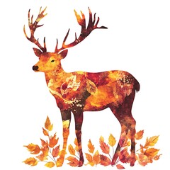 Autumn Deer Silhouette with Watercolor Leaves.