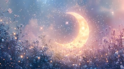 Wall Mural - 8. a tranquil cosmic scene with a glowing crescent moon, surrounded by a field of sparkling stars an