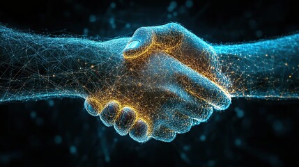 Wall Mural - a digital handshake on a blue background represents business partnerships and technology's role in m